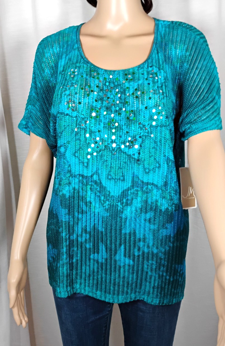NWT Open Knit Medium Top Turquoise Sequin Stretch Made USA Resortwear Boho Glam